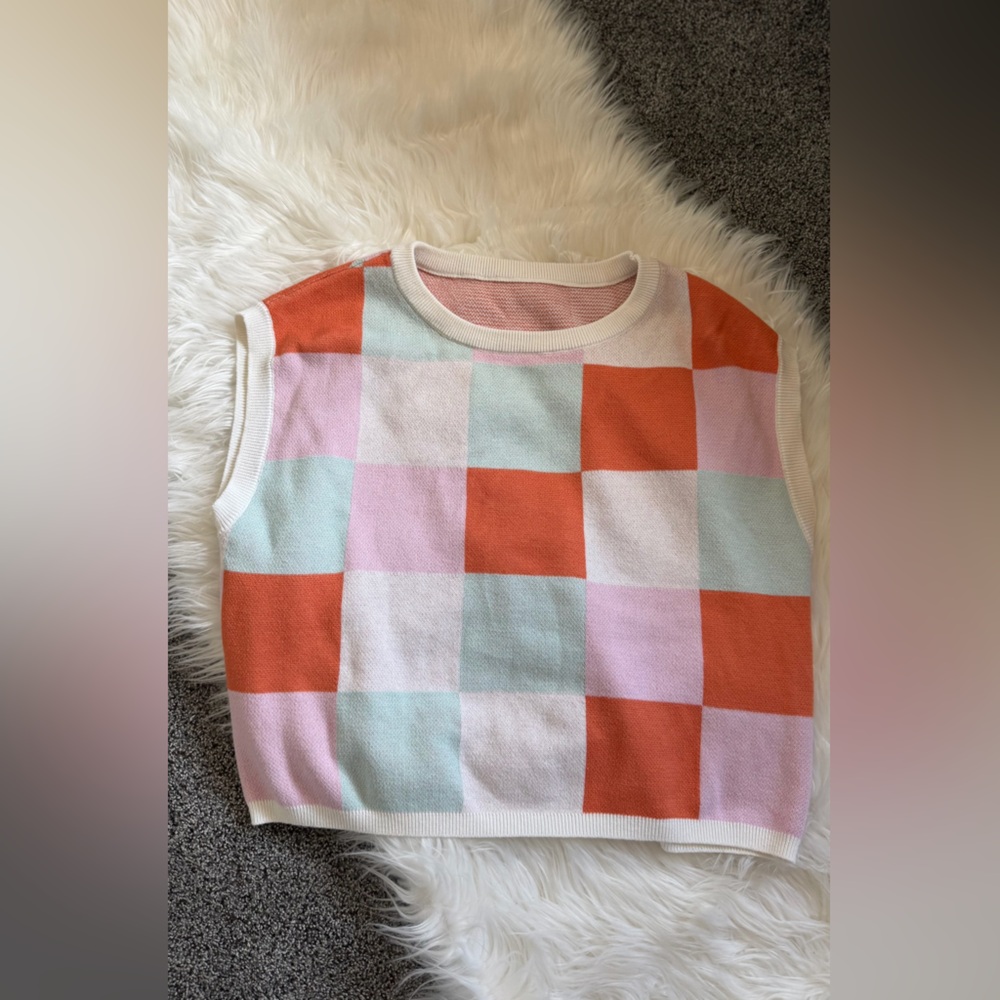 Pastel Checkerboard Knit Top in Coral, Mint & Pink